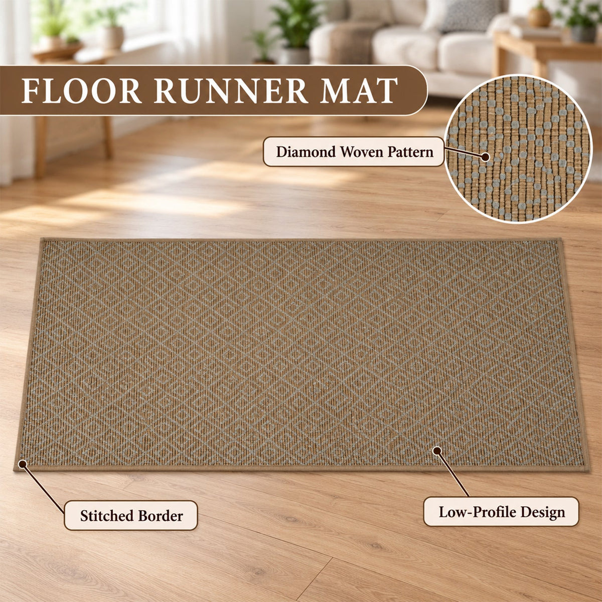 A brown floor runner mat with a diamond woven pattern, stitched border, and low-profile design is highlighted.