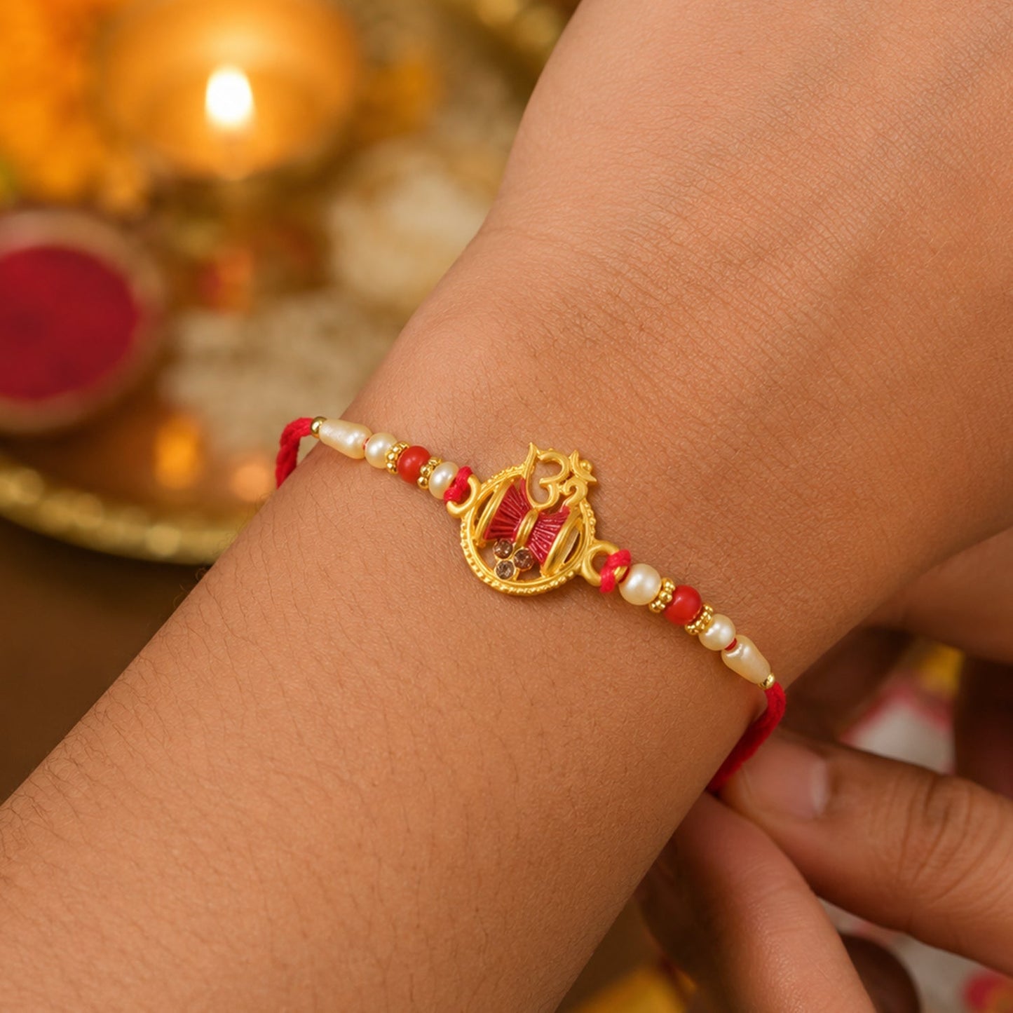 Rakhi Elegant Pearl Beads with Damaru Charm for Brothers (5pcs)