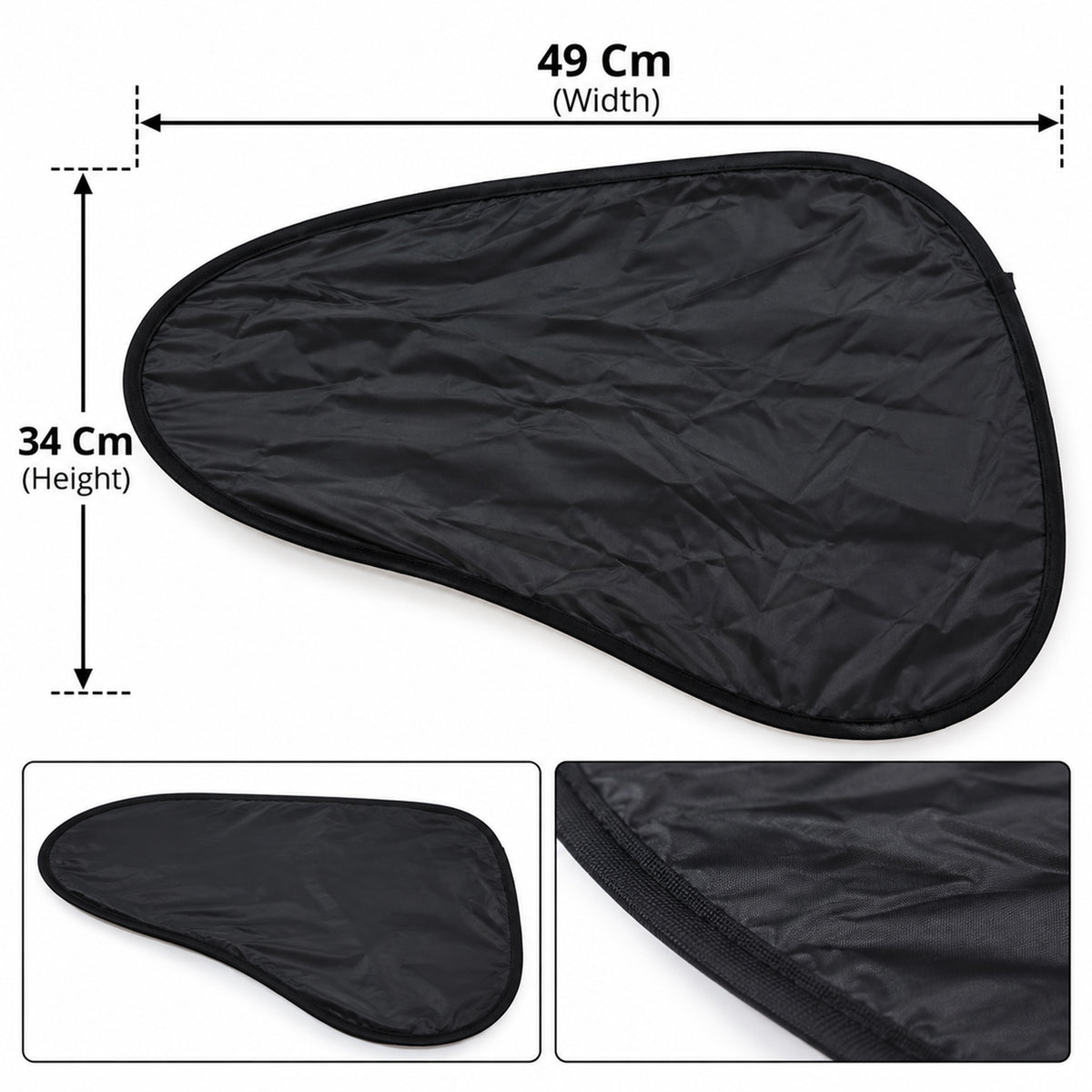 A black car sunshade with dimensions of 49 cm width and 34 cm height, with two smaller detailed views.