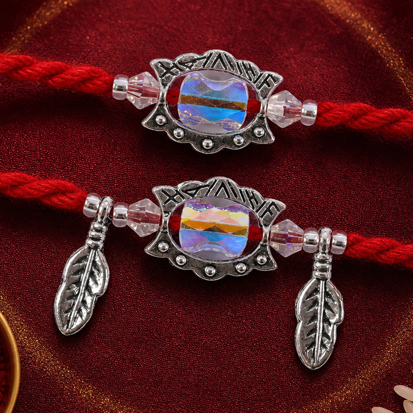 Crystal Stone Bhai Bhabhi Rakhi with Iridescent Oval Crystal and Leaf Drops for Gift