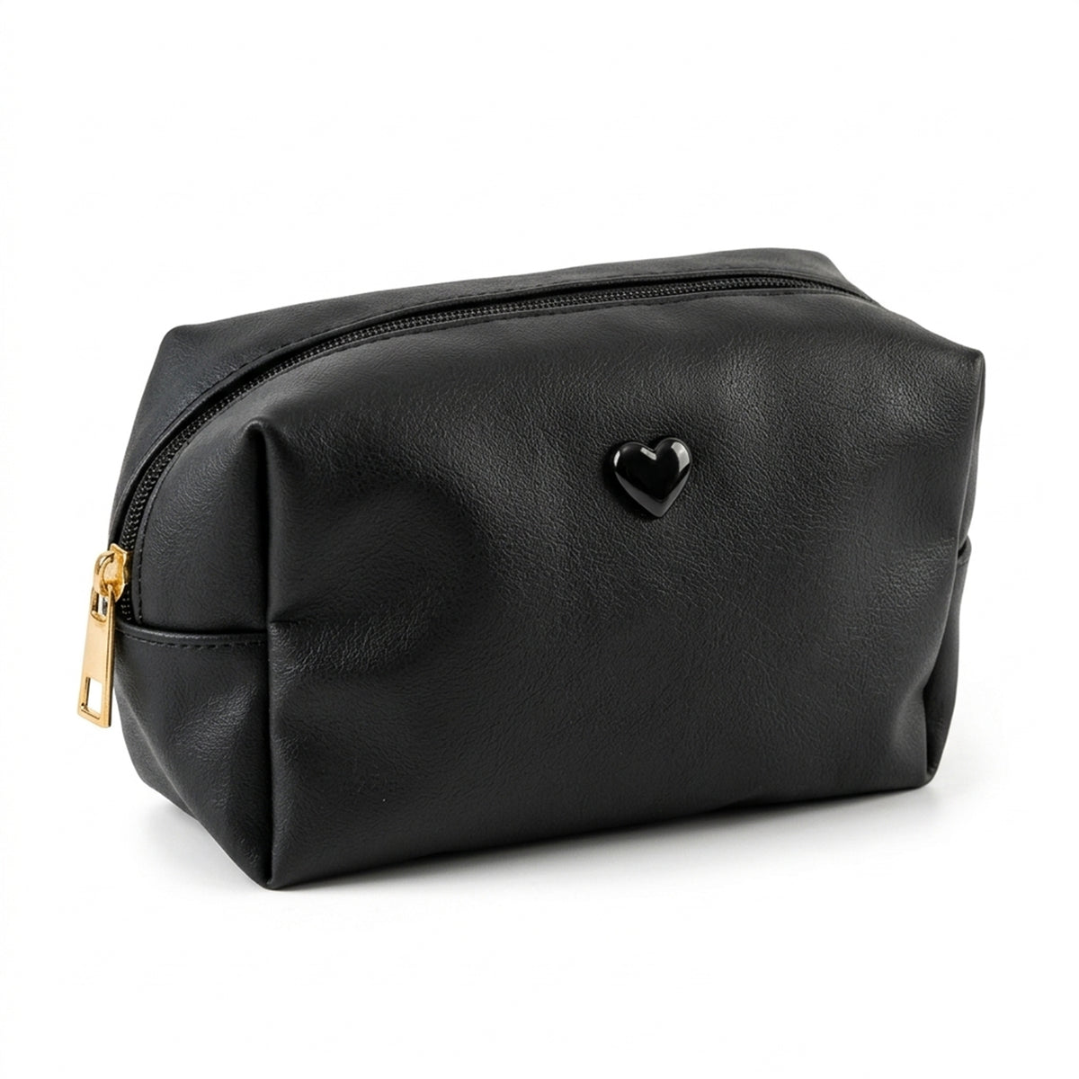 Black Faux Leather Zipper Makeup Pouch with Heart Detail (1 Pc)