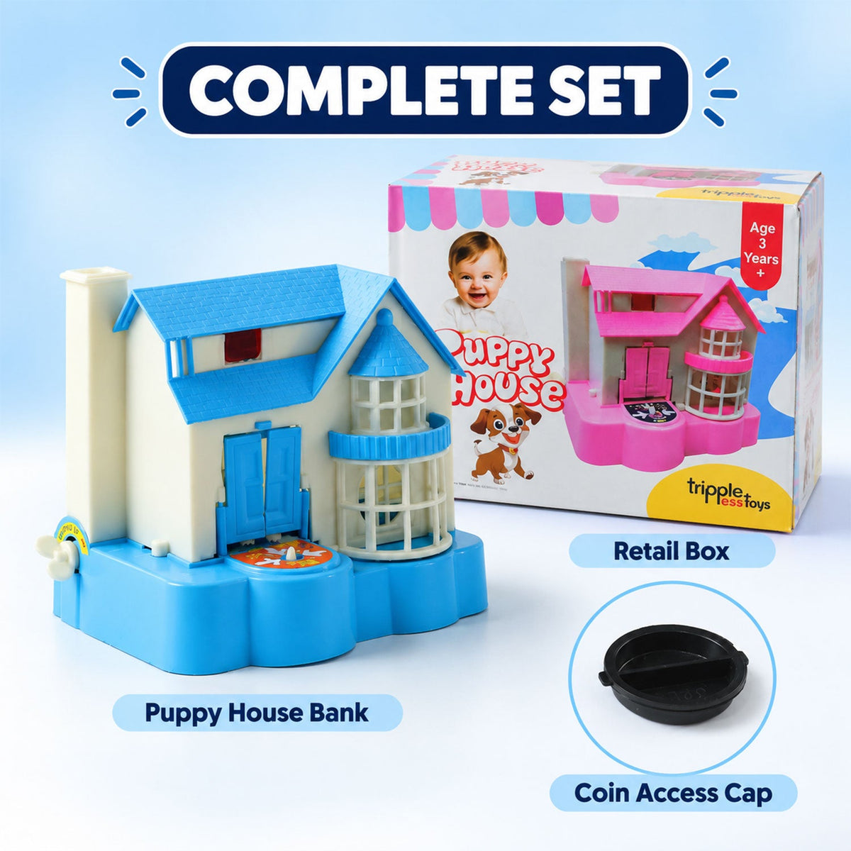 The blue and white house coin bank next to its colorful retail box and a black coin access cap.