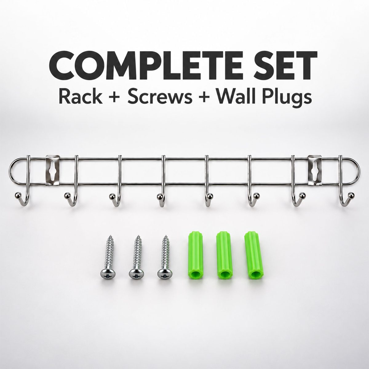Steel Wall Mount Hanger Rack with 8 Rounded Hooks (1 Pc, Approx. 47 cm)