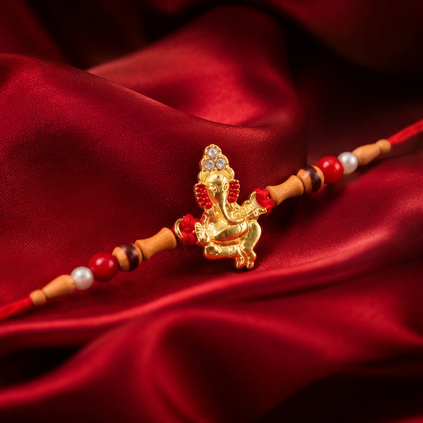 Golden Ganesha Rakhi with Peach Beads and Pearl Accents