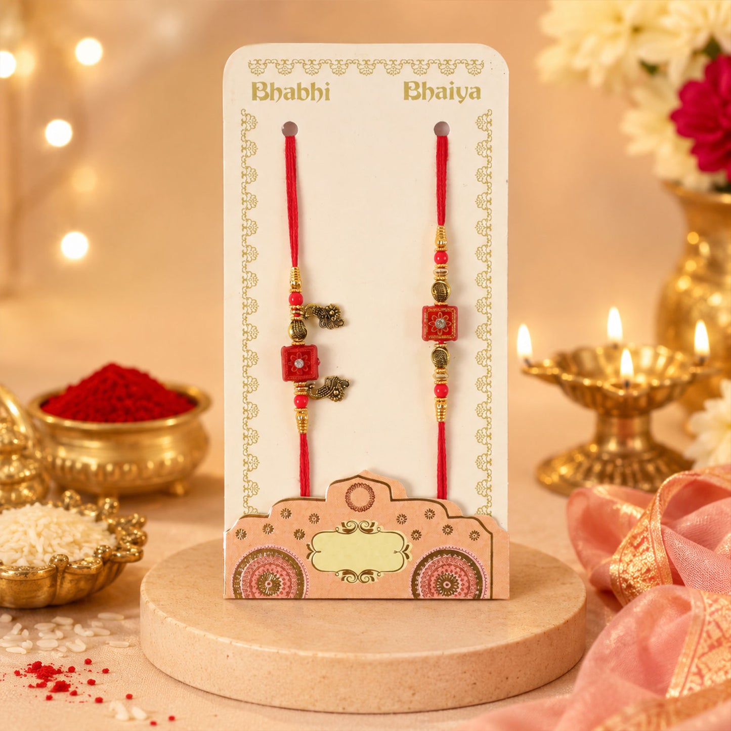 Classic Geometric Square Bhai Bhabhi Rakhi with Square Bead and Leaf Charm for Gift