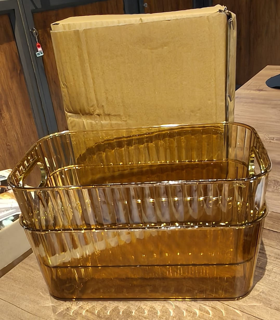 Premium Ribbed Transparent Storage Basket with Gold Handle – Multipurpose Kitchen & Home Organizer Box (25x14cm / 2 Pc)