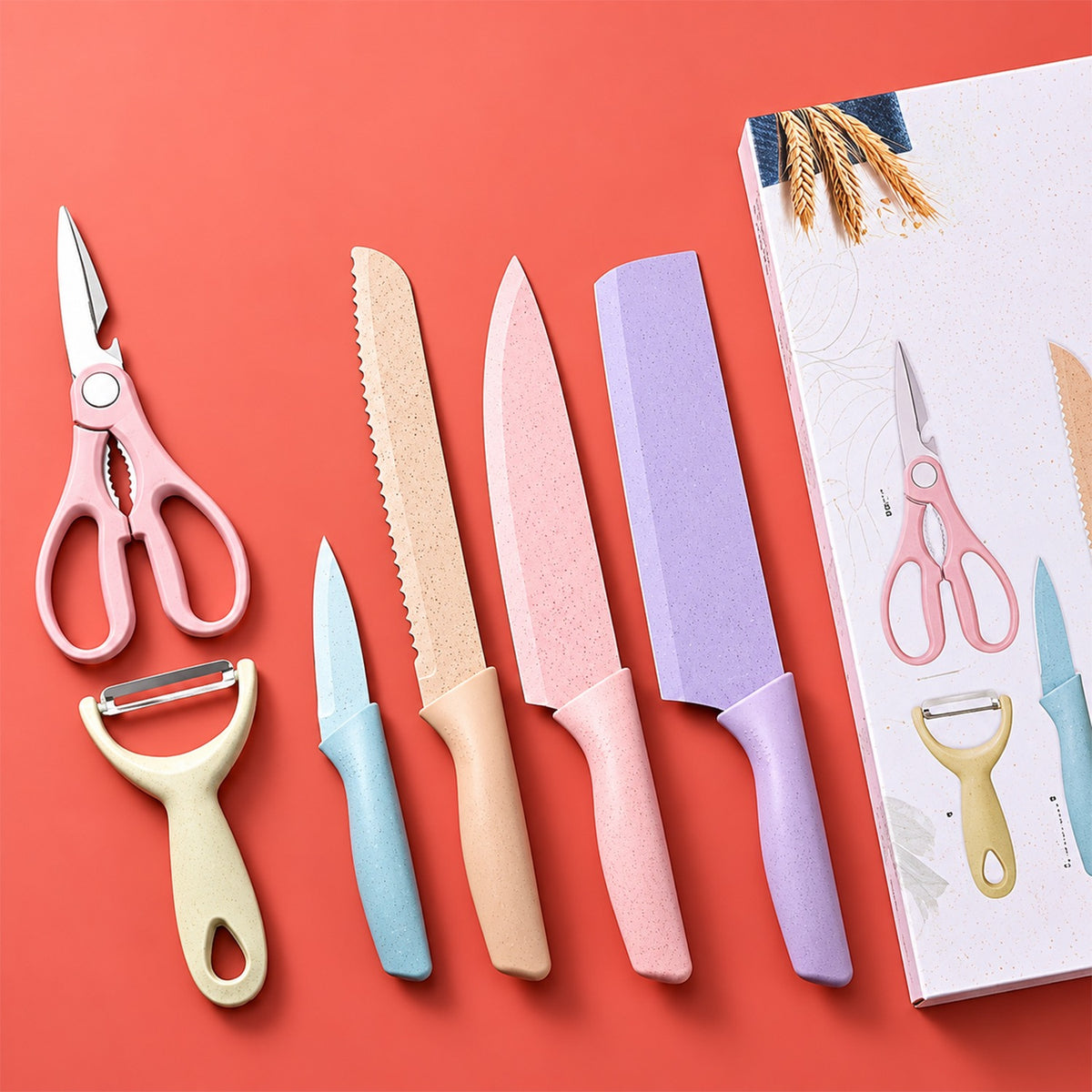 Corrugated Kitchen Knife Set with Cleaver, Bread Knife and Scissors (6 Pc Set)