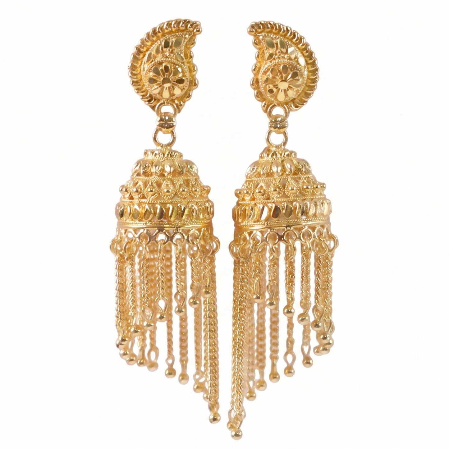 Detailed shot of pearl drops on gold-plated jhumka earrings