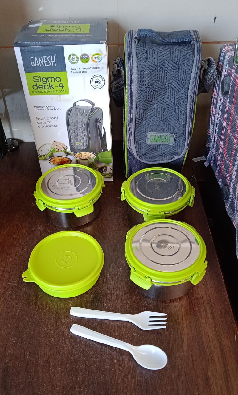 स्टेनलेस स्टील टिफिन लंच बॉक्स कंटेनर / डब्बा 4 साइड क्लिप लॉक ढक्कन के साथ ऑफिस और स्कूल के उपयोग के लिए / खाद्य ग्रेड / एयर टाइट / ले जाने में आसान / लीक प्रूफ