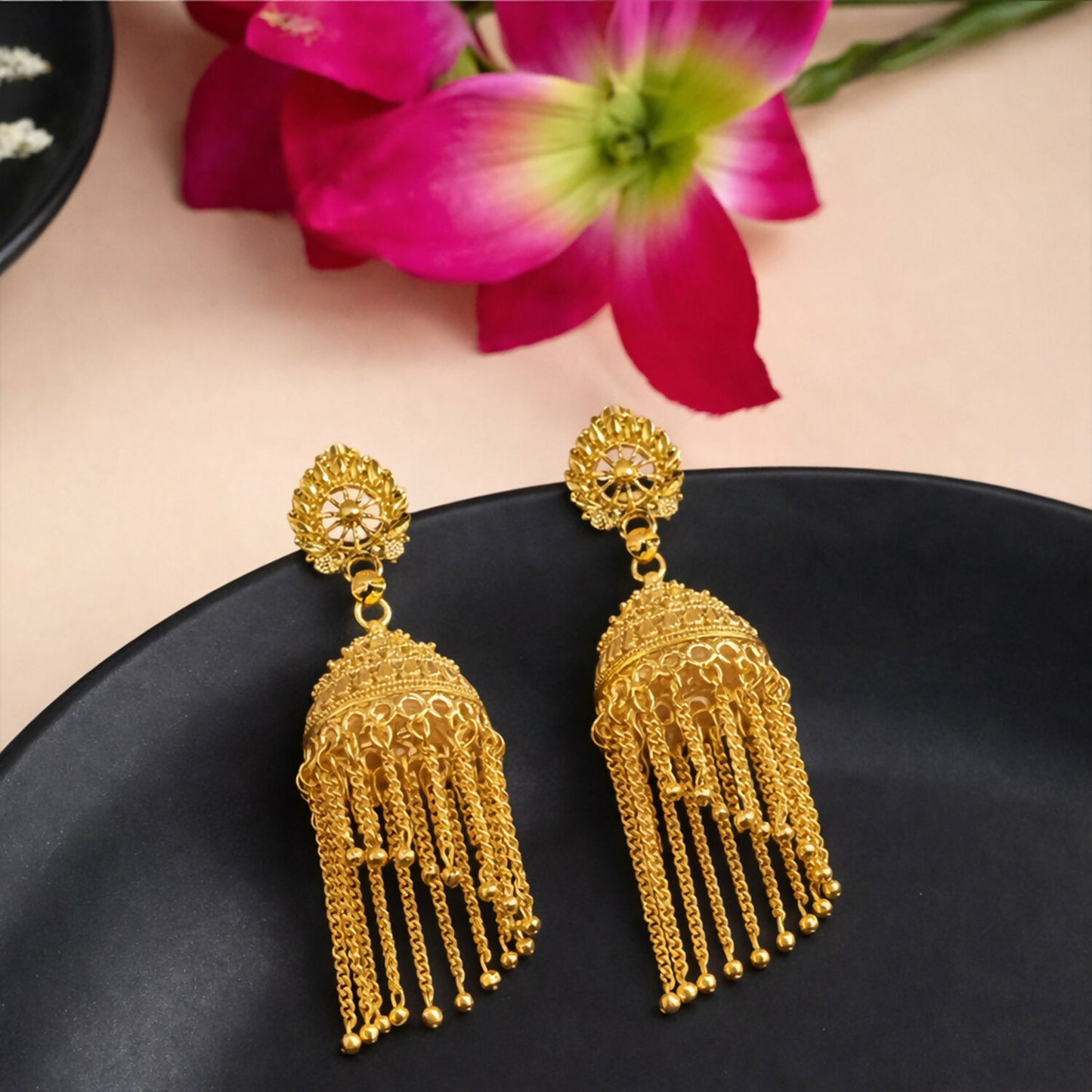 Traditional Gold Tone Chain Tassel Jhumka Earrings Long Ethnic Dangle Earrings for Women