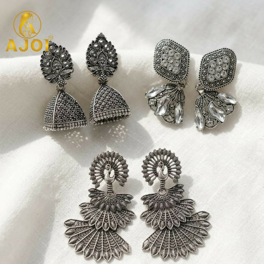 Oxidized Silver Earrings with Jhumka and Peacock Set of 3