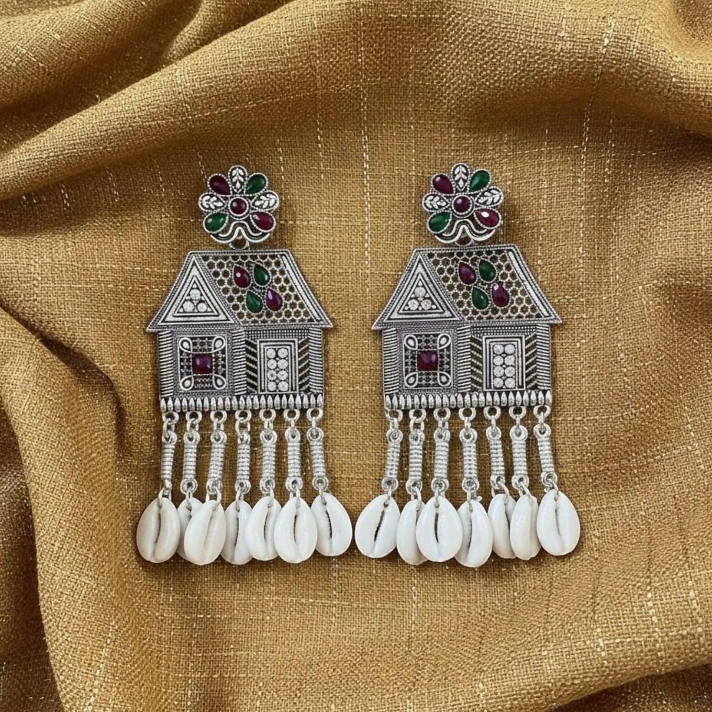 Oxidized Silver House-Shaped Earrings with Multicolor Stones & Shell Danglers