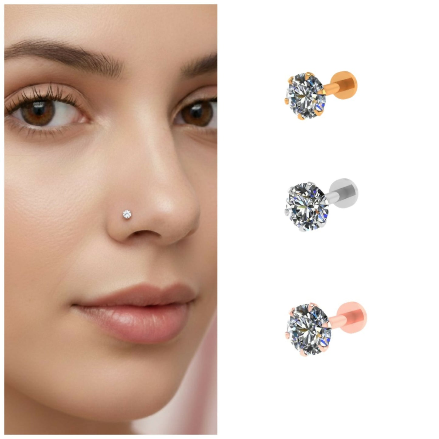 Labret stud nosepin combo pack with gold, silver and rose gold finishes displayed