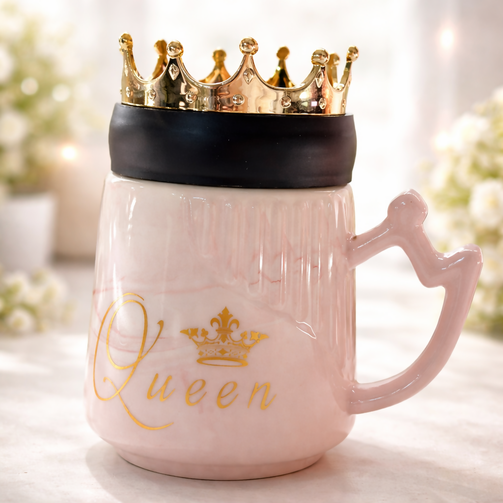 Queen Crown Ceramic Mug with Lid | Luxury Coffee & Tea Mug | Pink