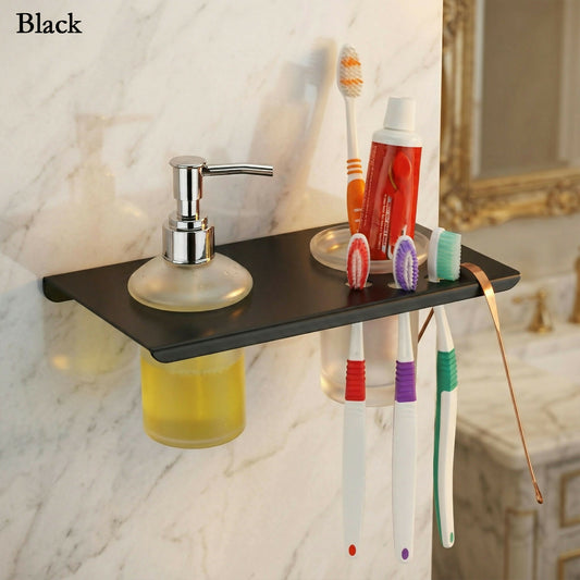 Premium Stainless Steel Wall Mounted Bathroom Shelf with Soap Dispenser & Toothbrush Holder
