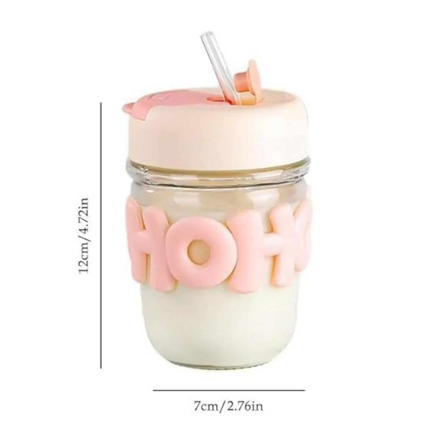 HOHO Cute Glass Milk Jar with Straw & Silicone Lid | 350ml Leakproof Reusable Smoothie Cup | Aesthetic Mason Jar Tumbler for Kids & Adults | Iced Coffee, Juice & Milkshake Cup | 12cm x 7cm | Pastel Pink