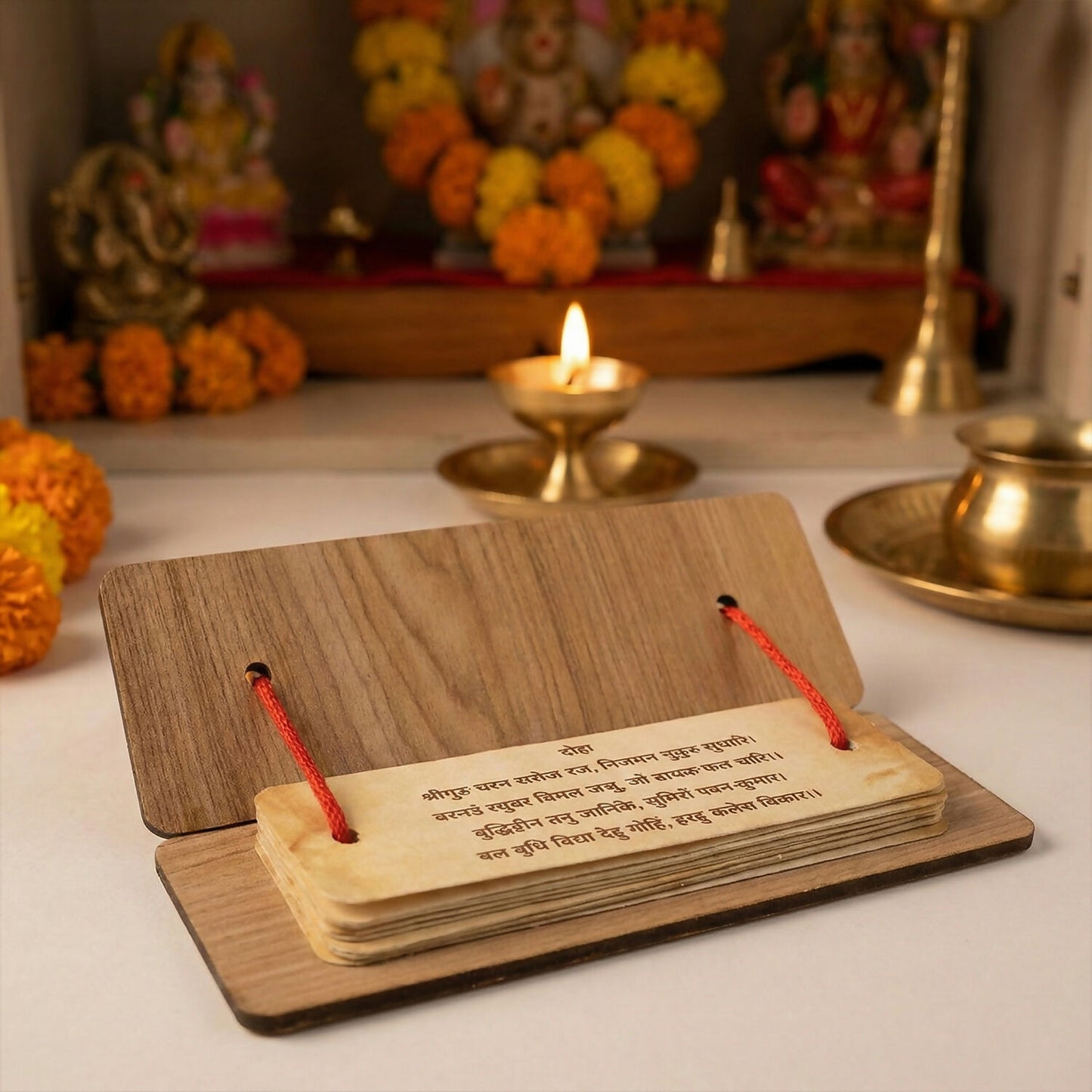 Wooden Hanuman Chalisa Flip Book with Stand, 6 × 2 Inch for Home Mandir & Prayer