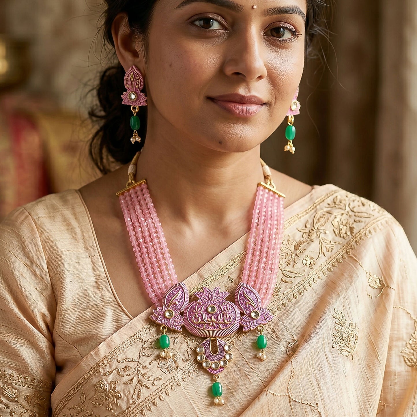 Detailed view of pink beaded necklace centerpiece