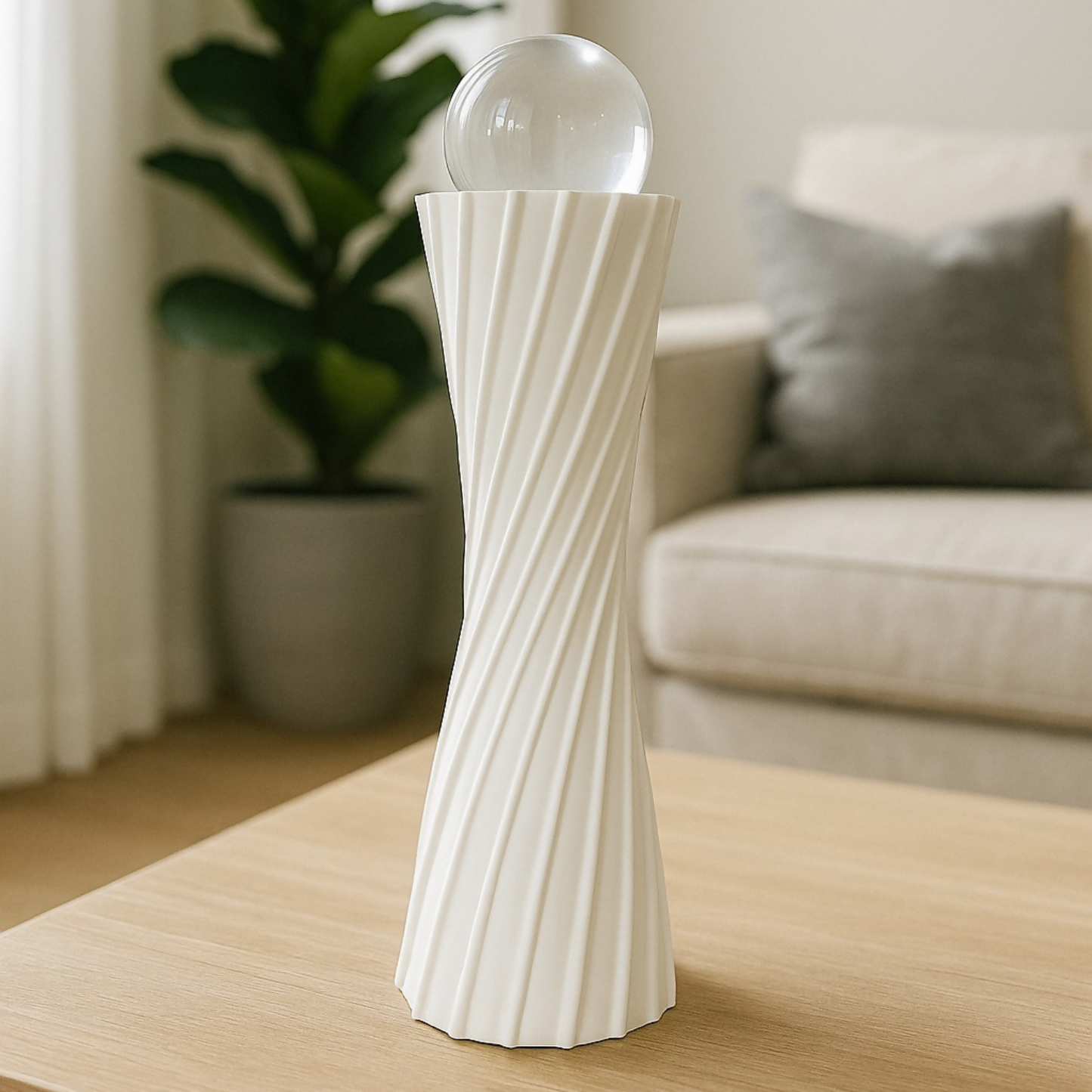 Contemporary white twisted resin decorative sculpture with glass orb accent