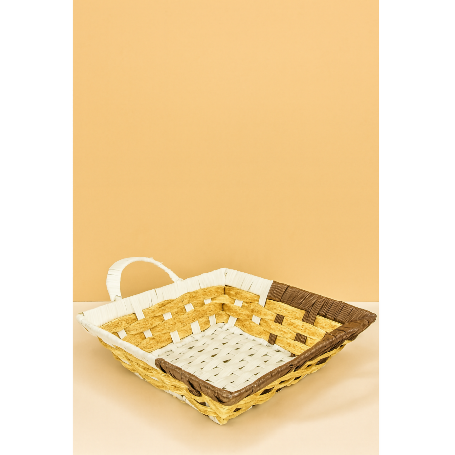 Handcrafted Rectangular Woven Storage Basket – White, Beige & Brown Multipurpose Decorative Organizer with Handle for Fruits, Bread, Snacks, Dry Fruits, Gift Hampers & Table Décor