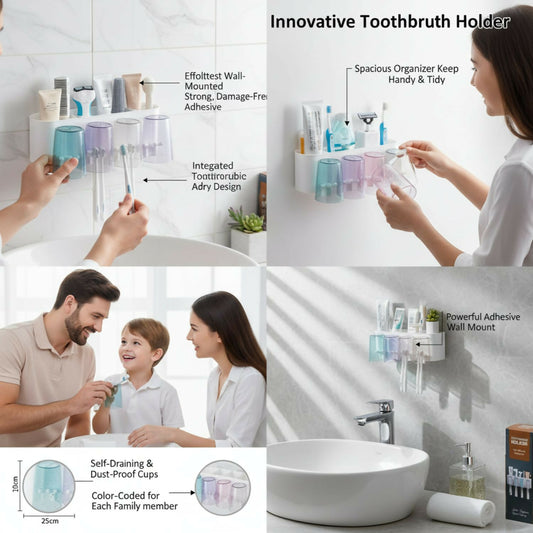 Toothbrush Holders & Storage Rack with 4 Cute Cartoon Cups