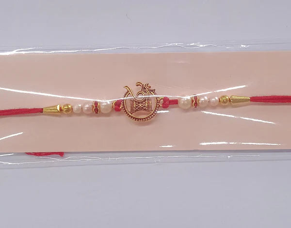 Om Swastik Rakhi – Golden Motif with Pearl Beads for Brother