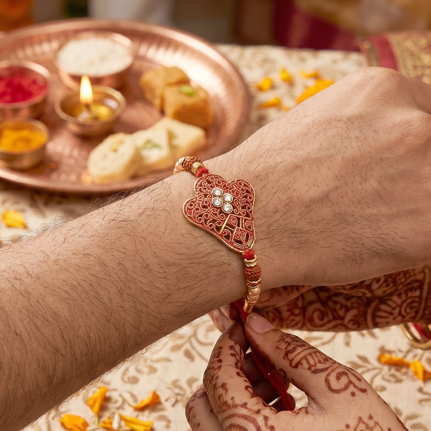 Red Heart Meenakari Rakhi with Pearl Chain and Gold Beads