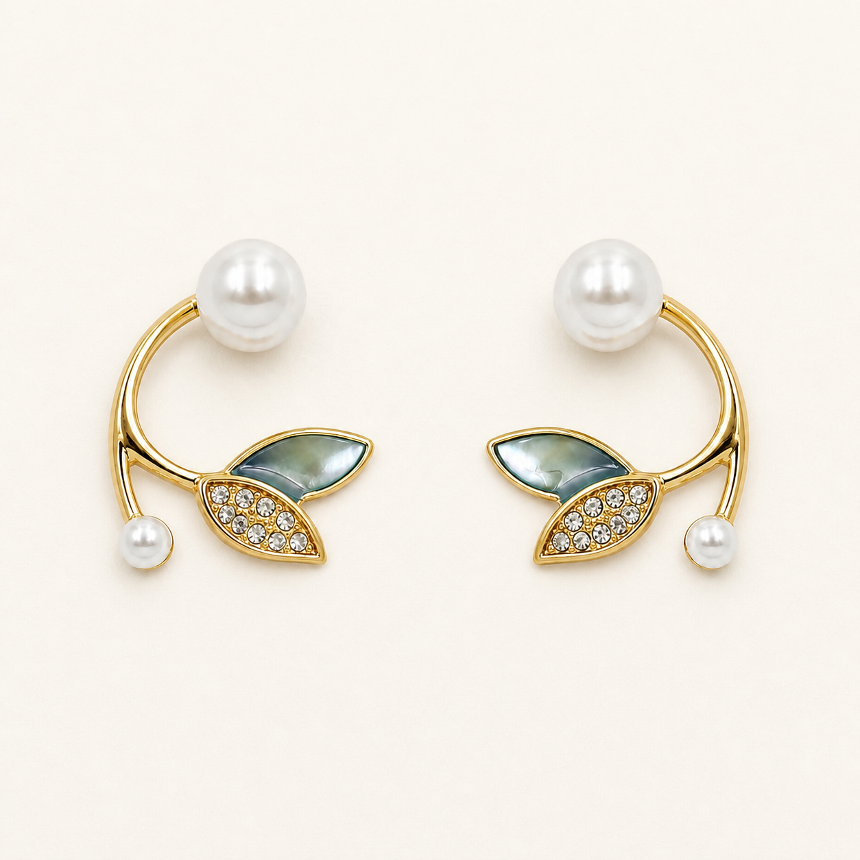 Luxury Pearl Leaf Design Stud Earrings with Crystal Accent for Women Party Wear Pair