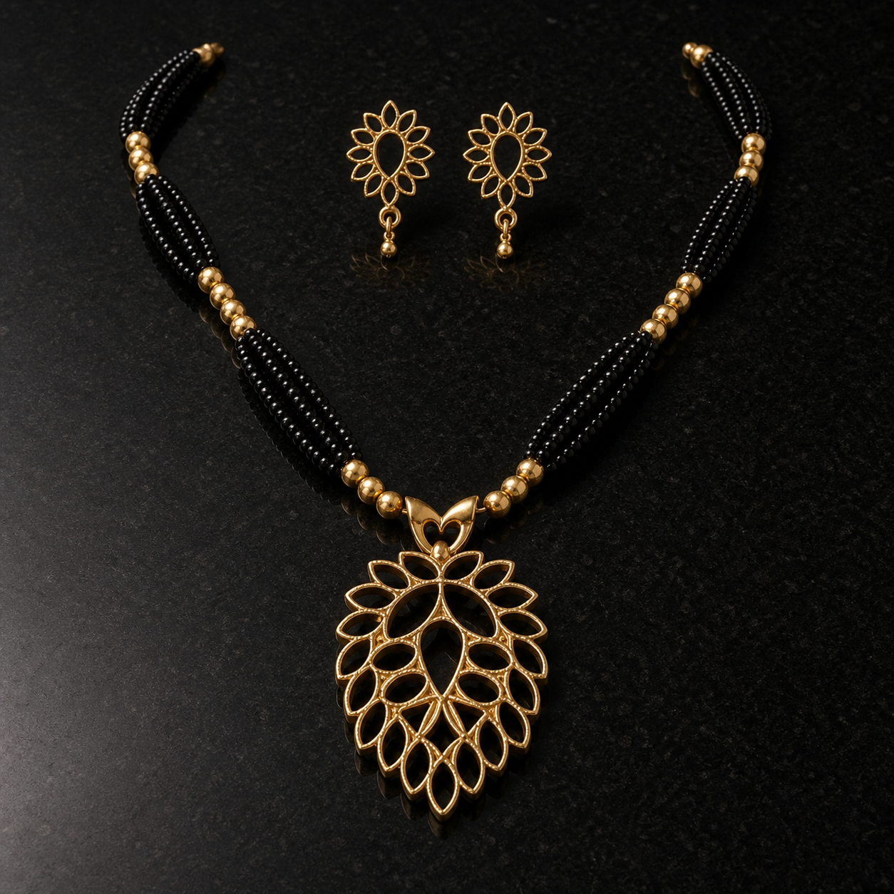 Black Beaded Necklace with Leaf Design Pendant & Matching Earrings for Women