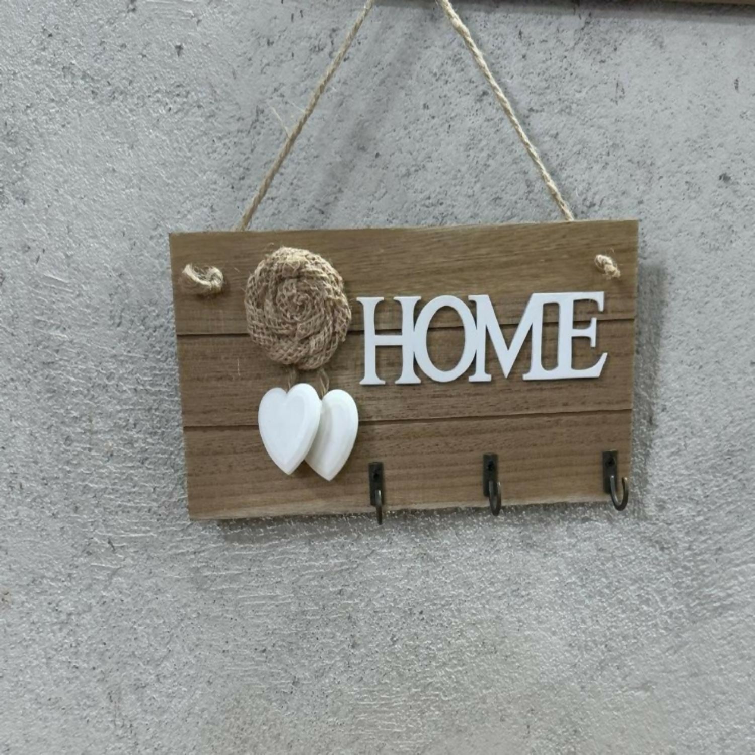 Wooden Wall Mounted Key Holder with Rope & Heart Design | Rustic “HOME” Letter Decorative Key Hanger with 3 Metal Hooks | Wall Hanging Organizer for Keys, Jewelry & Small Accessories | Home Décor Gift