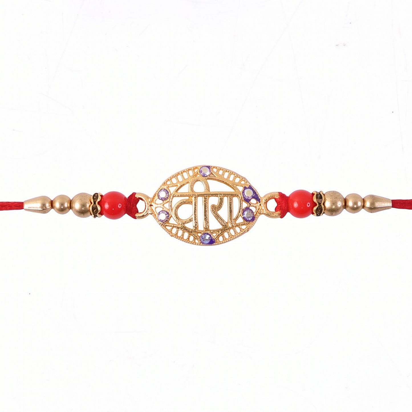 Golden Veera Rakhi for Boys with Red Beads and Thread