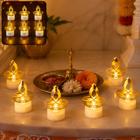 Golden Diya LED Tealight Candles – Elegant Flameless Decor (6 Pc Set)