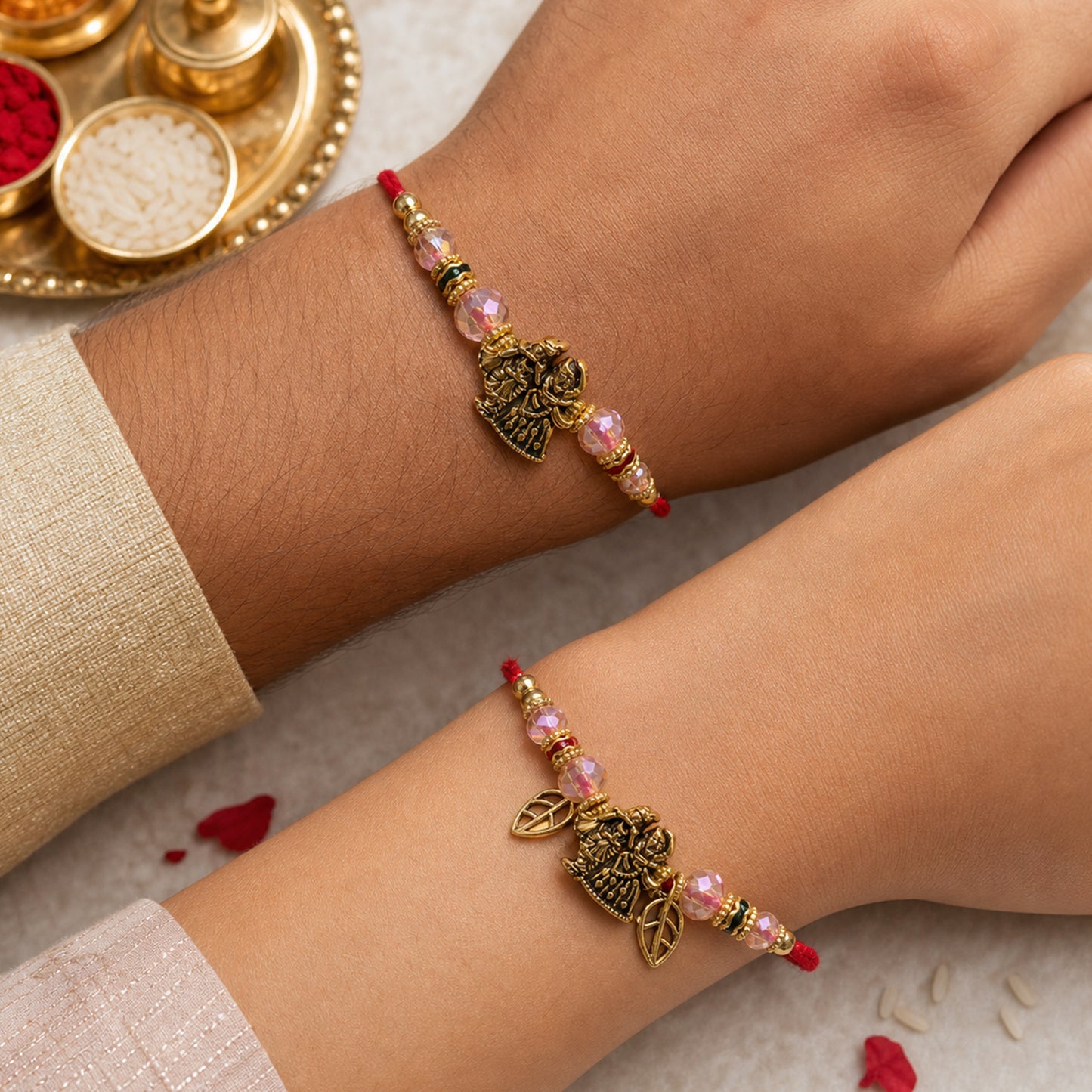 Radha Krishna Couple Rakhi Set with Pink Crystal Beads and Antique Leaf Charm Gift