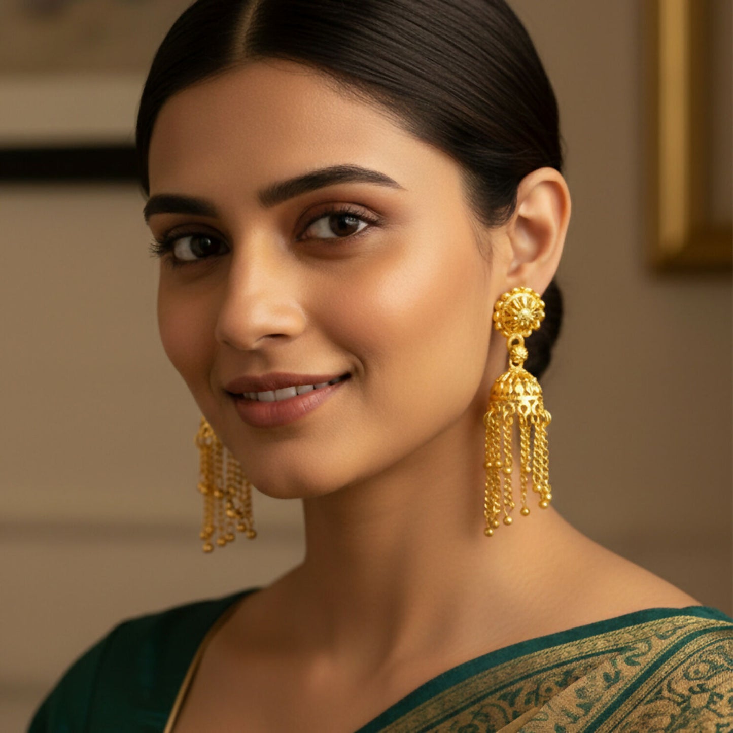 Close-up of detailed floral stud on traditional jhumka earrings