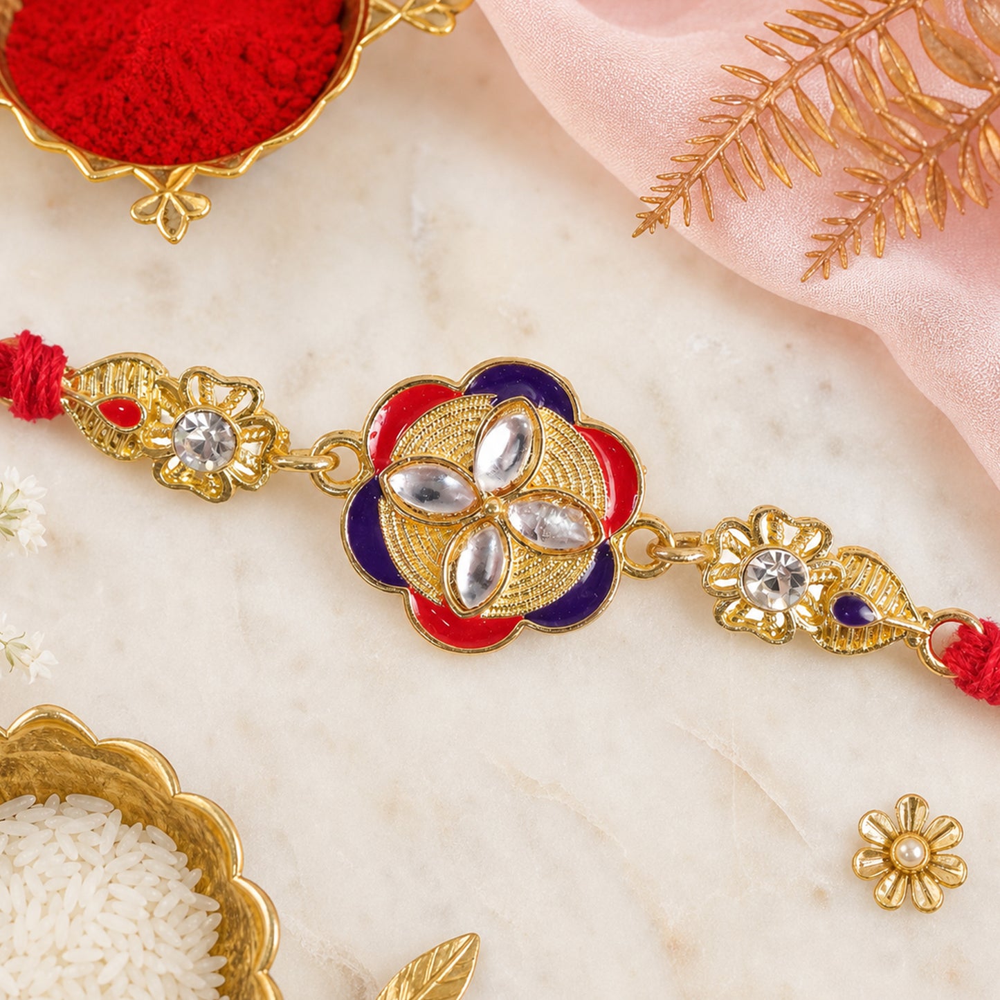 Ornate Rakhi with Floral Medallion, multicolor stones and display look for Gift Use