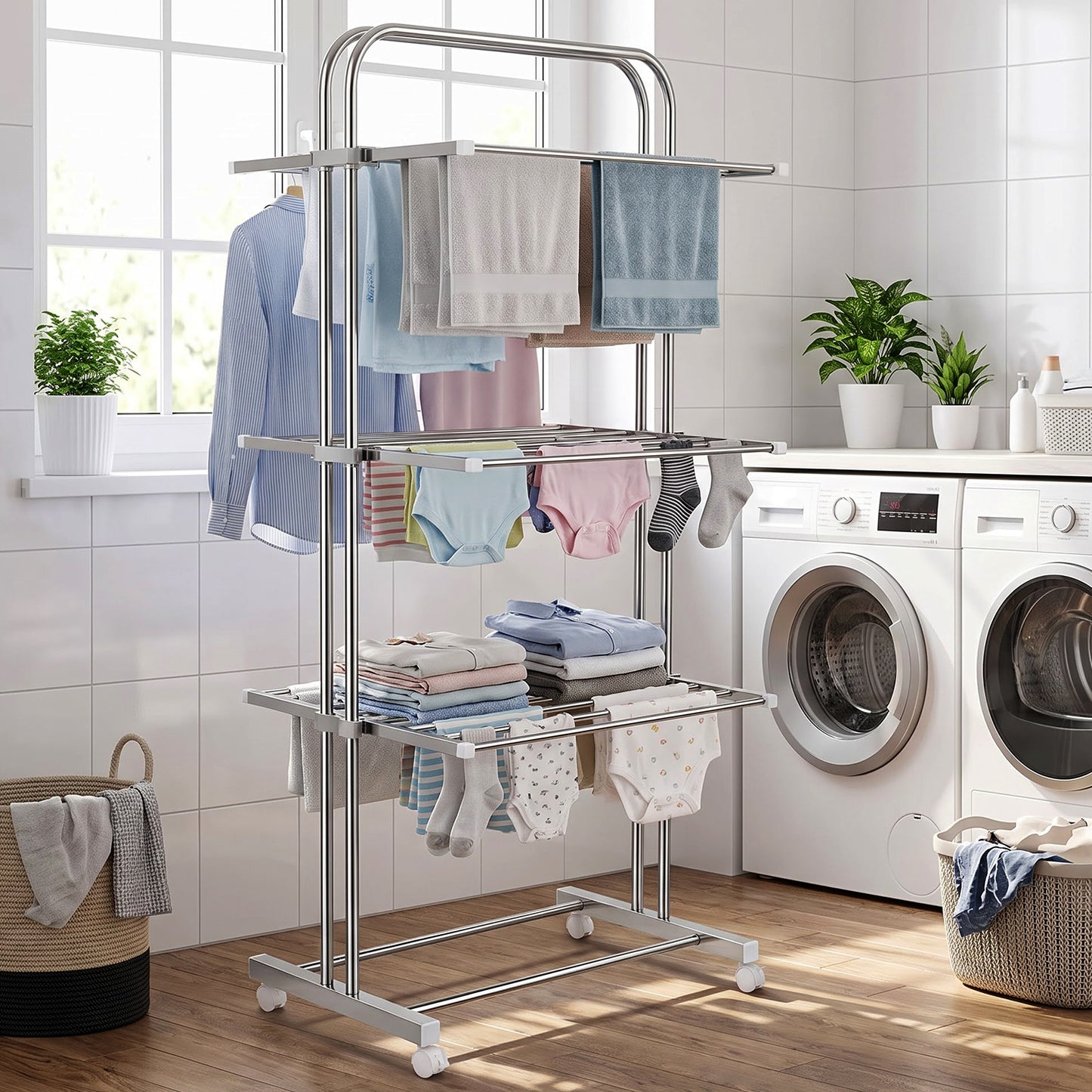 Stainless Steel Clothes Drying Stand – Foldable 3-Layer Rack with Wheels