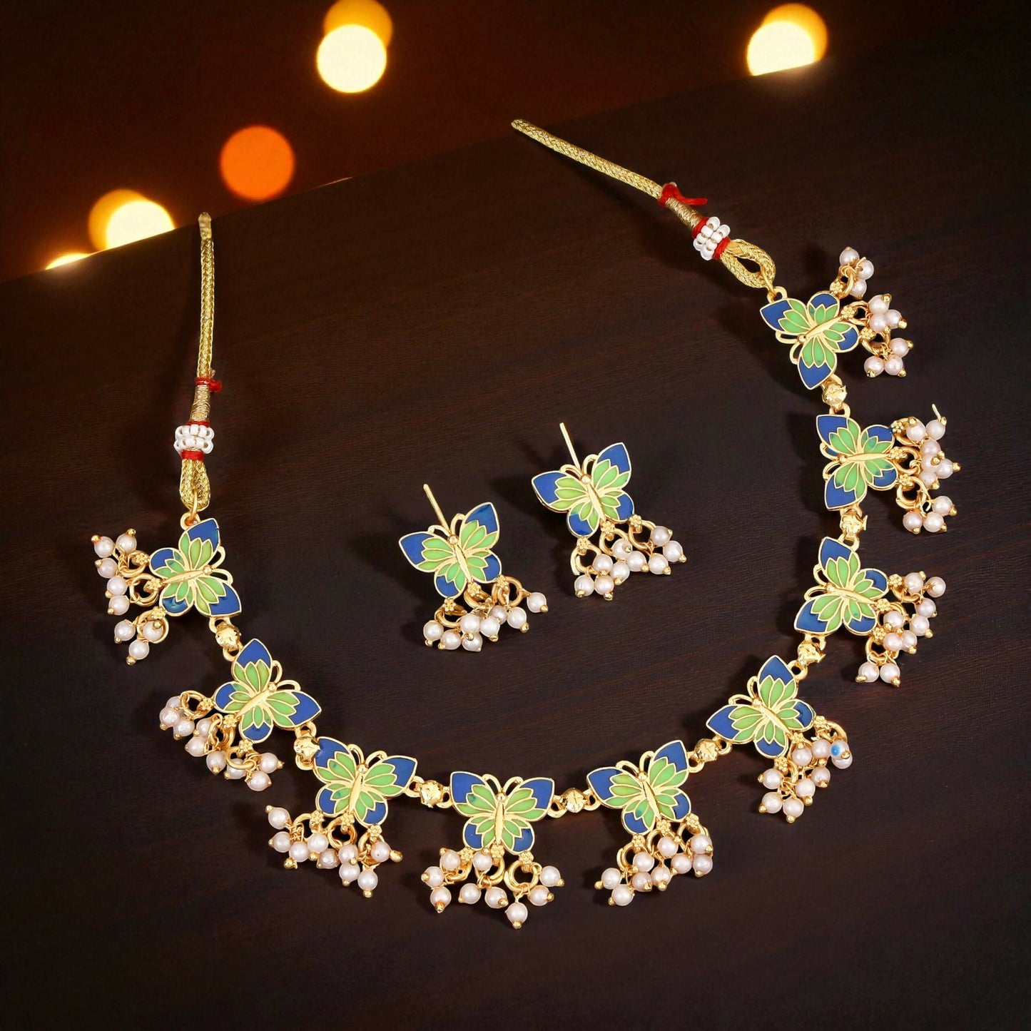 Vibrant Enamel Butterfly Choker Necklace Set with Pearl Drops