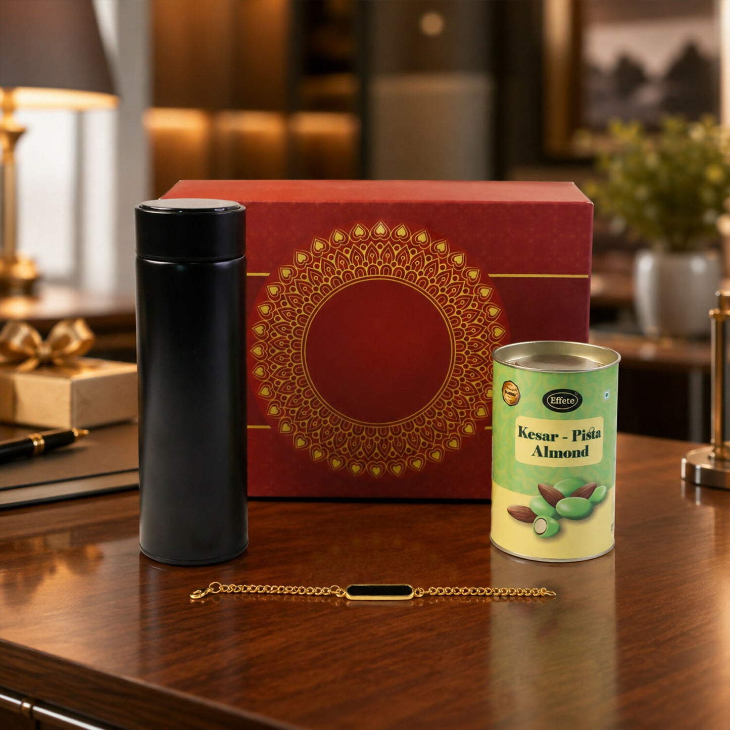 Gift set components arranged for celebration