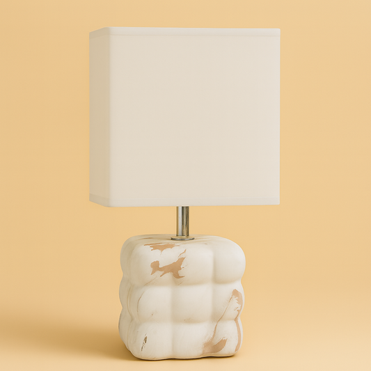 Luxury White Marble-Texture Ceramic Table Lamp with Square Fabric Shade | Artistic Bubble-Design Base Night Lamp for Bedroom, Living Room & Study | Warm Ambient Decorative Home Lighting