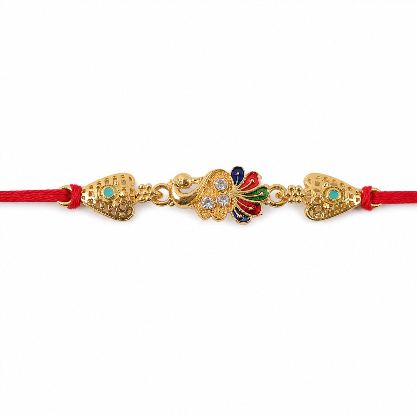 Gold-Toned Peacock Rakhi with Colorful Enamel and Stones for Raksha Bandhan (5pcs)