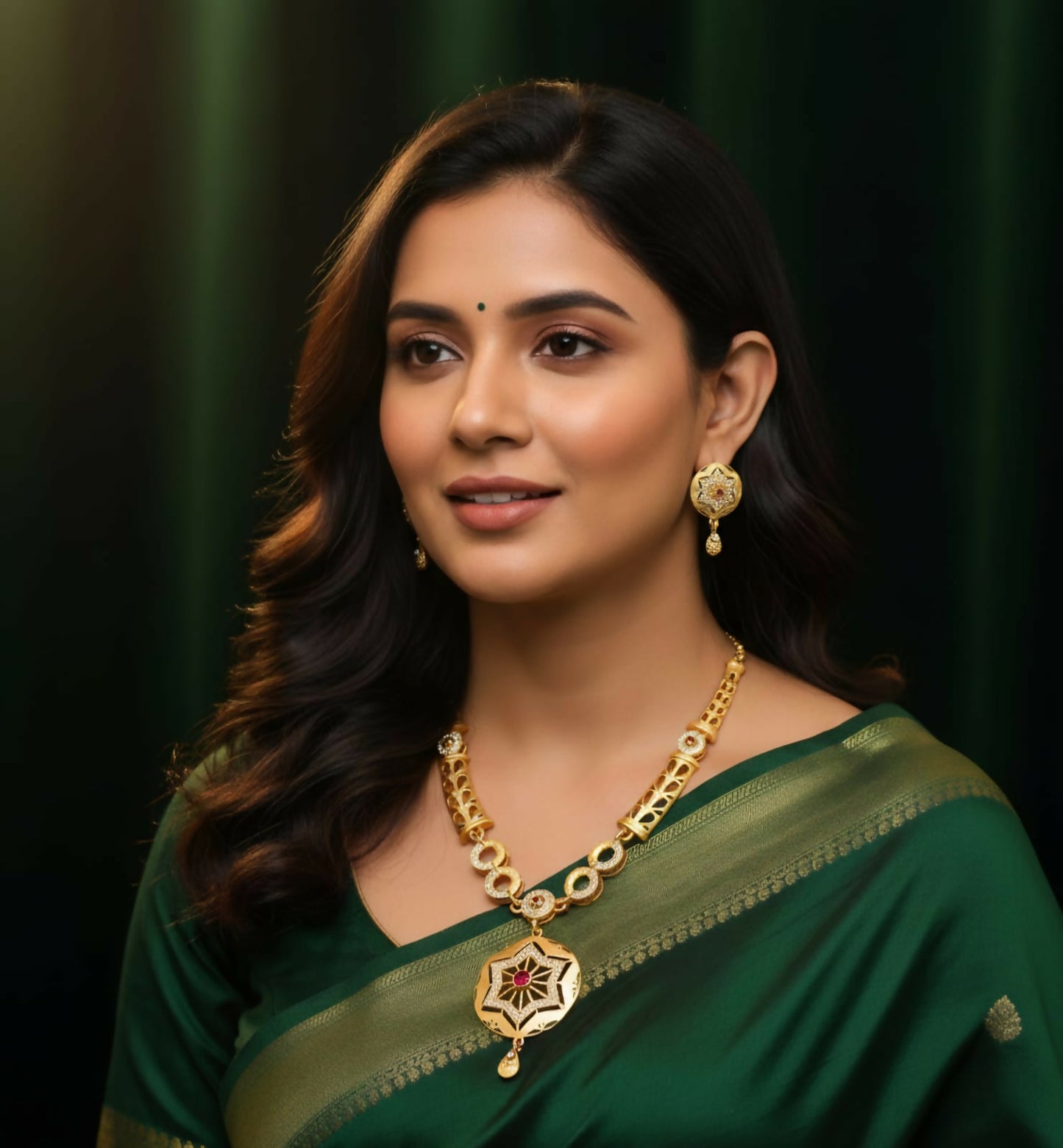 Model wearing gold plated star pendant necklace with ruby accent and matching earrings