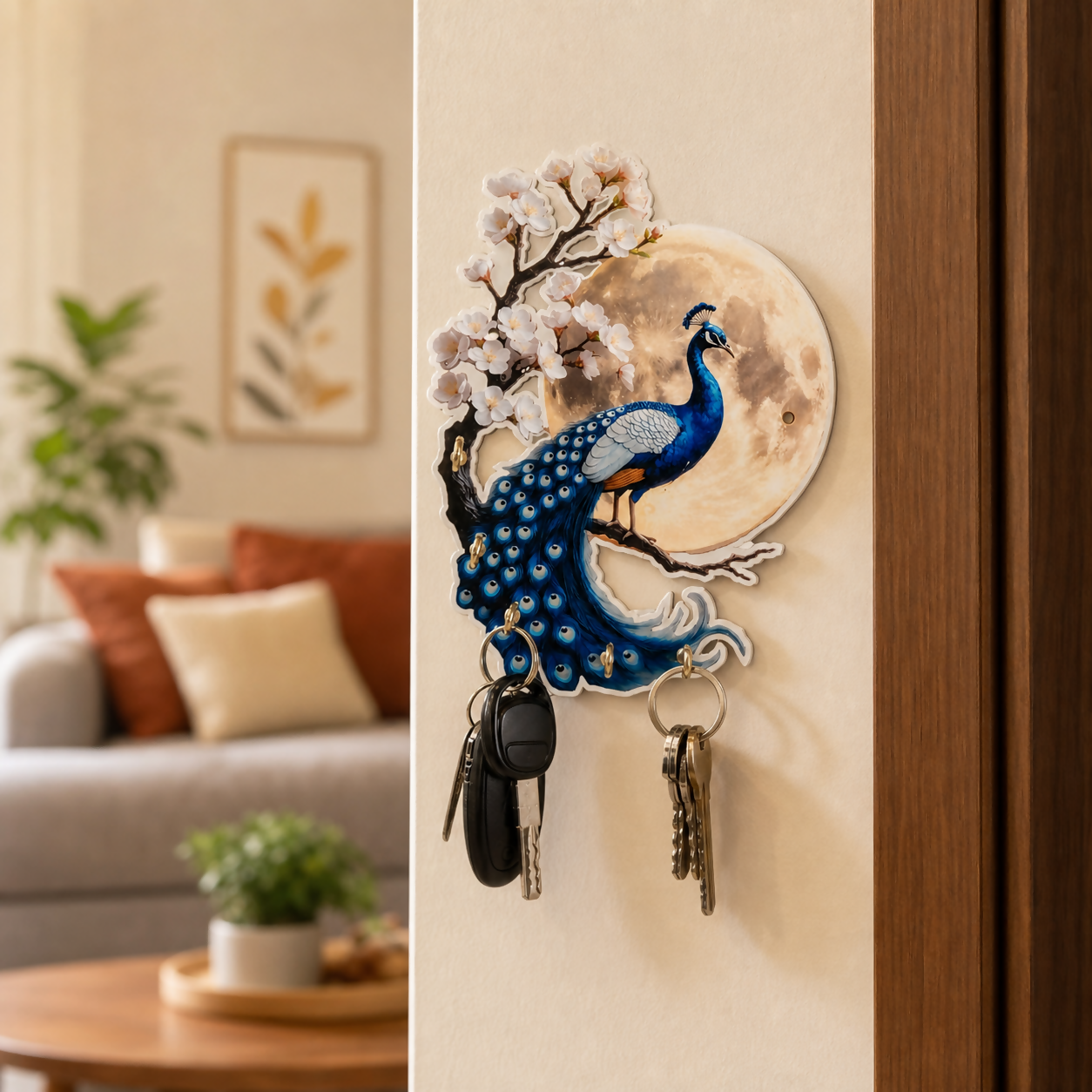 Elegant peacock wooden wall mount key holder with decorative hooks