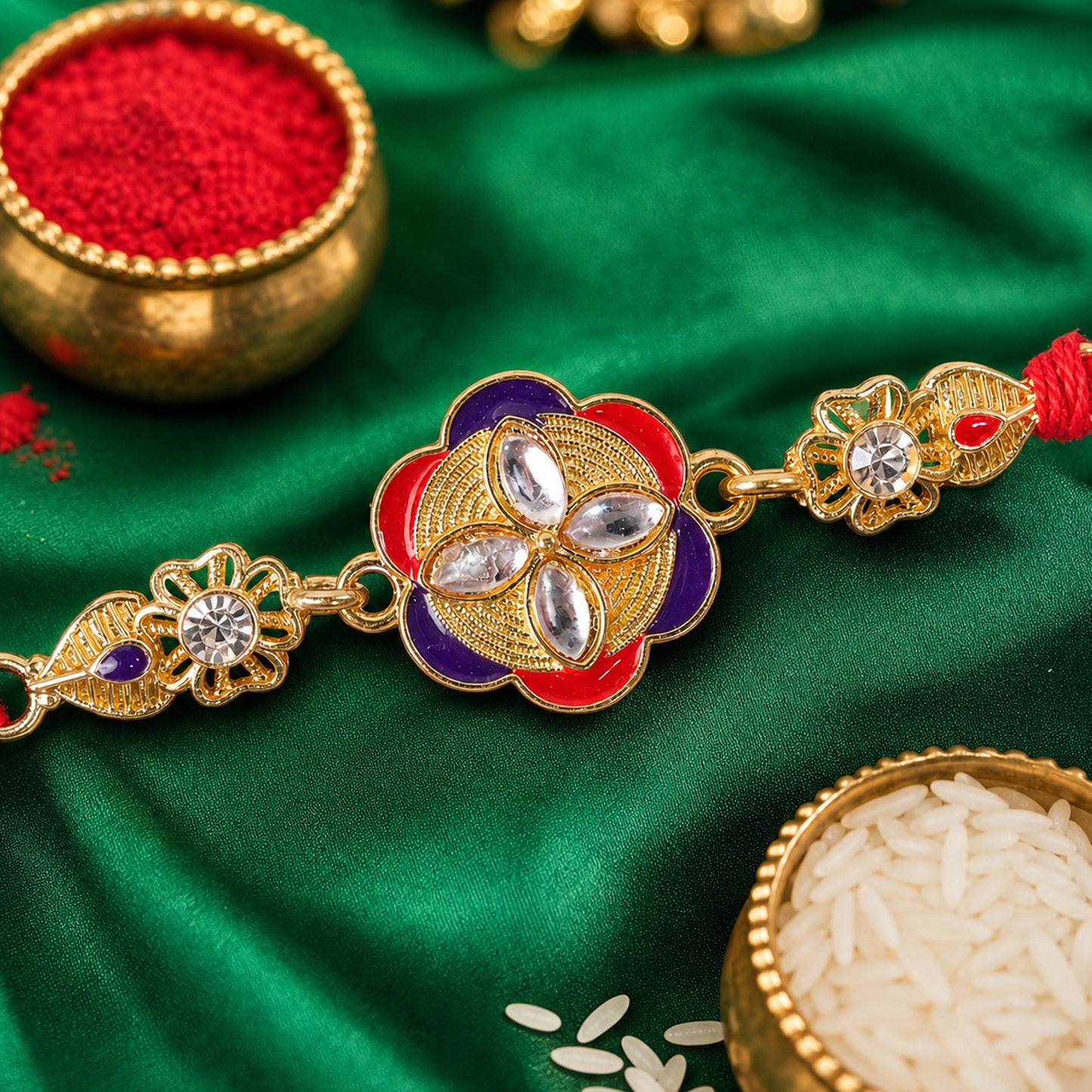 Ornate Rakhi with Floral Medallion, multicolor stones and display look for Gift Use