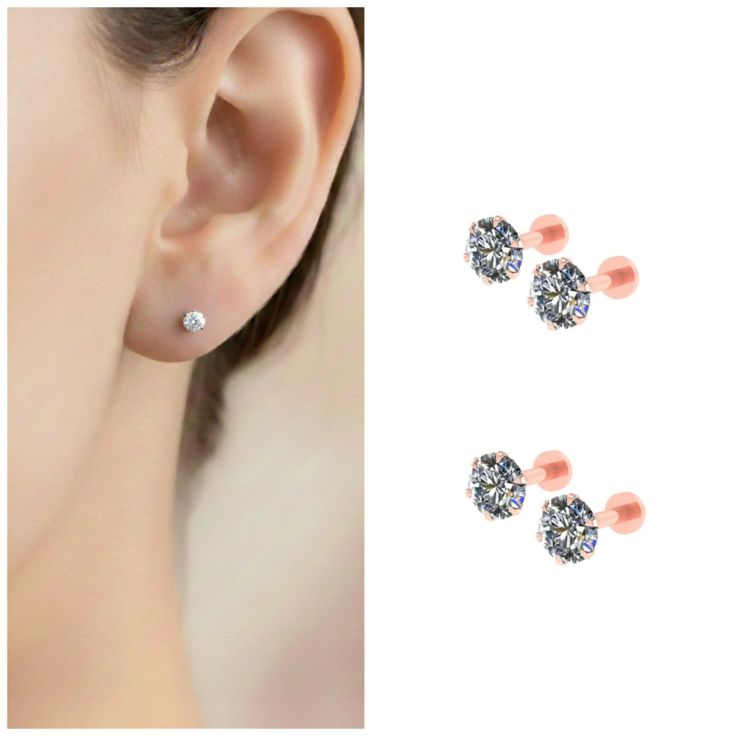 Rose gold diamond stud earrings with flat back design in elegant round cut