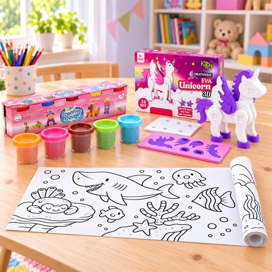 A unicorn 3D puzzle, five colorful dough pots, and a rolled-out sea-themed coloring sheet are arranged on a wooden table.