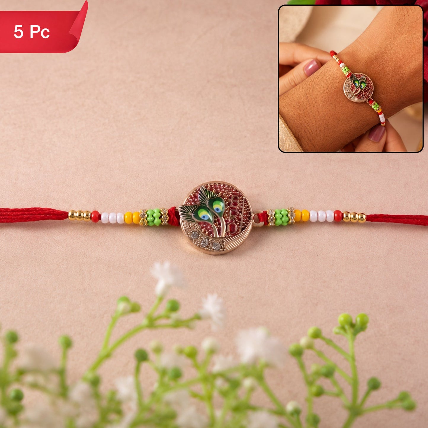Peacock Feather Beaded Rakhi Elegant & Lightweight for Brothers (5pcs)