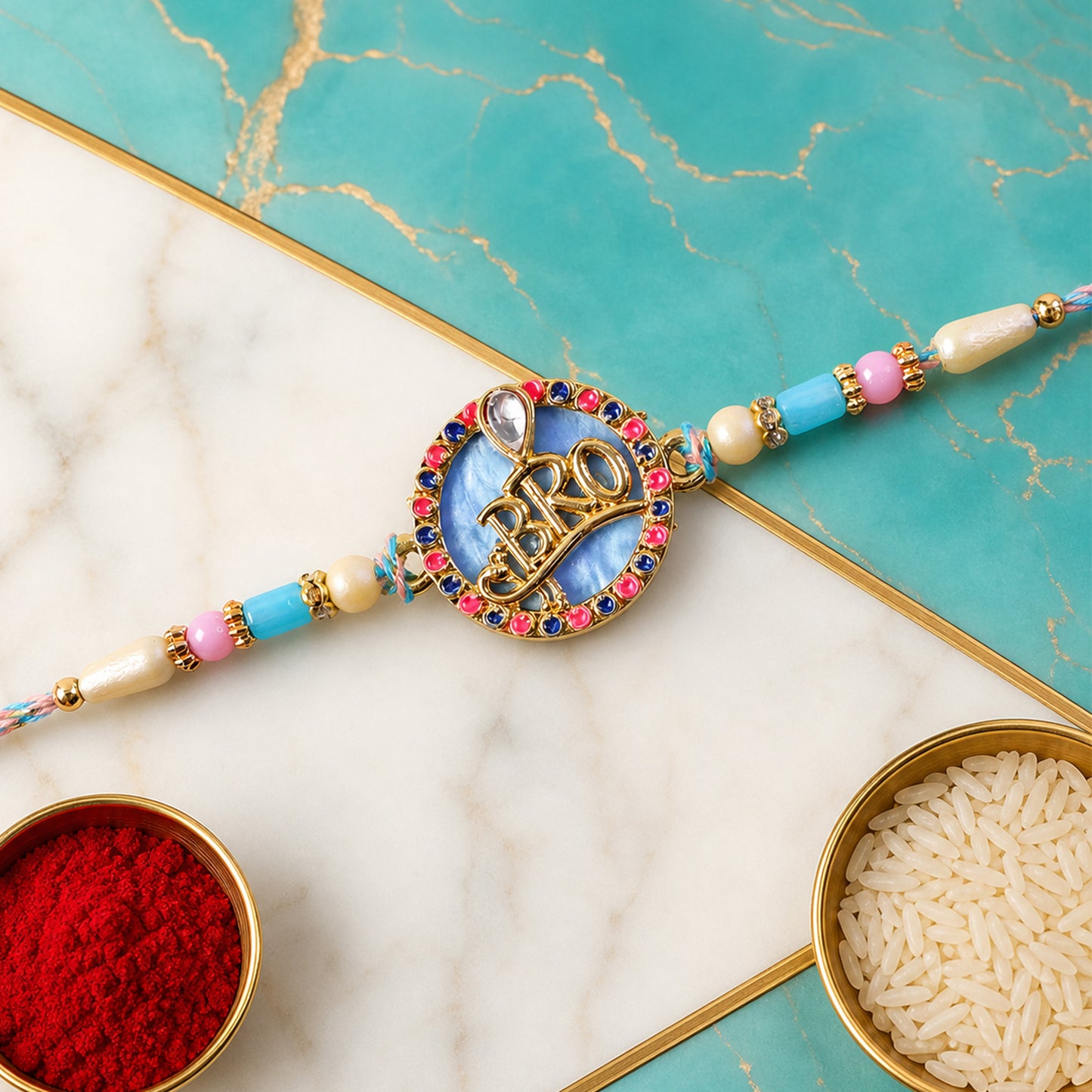 Bro Text Pendant Rakhi with Pink and Navy Kundan Stones