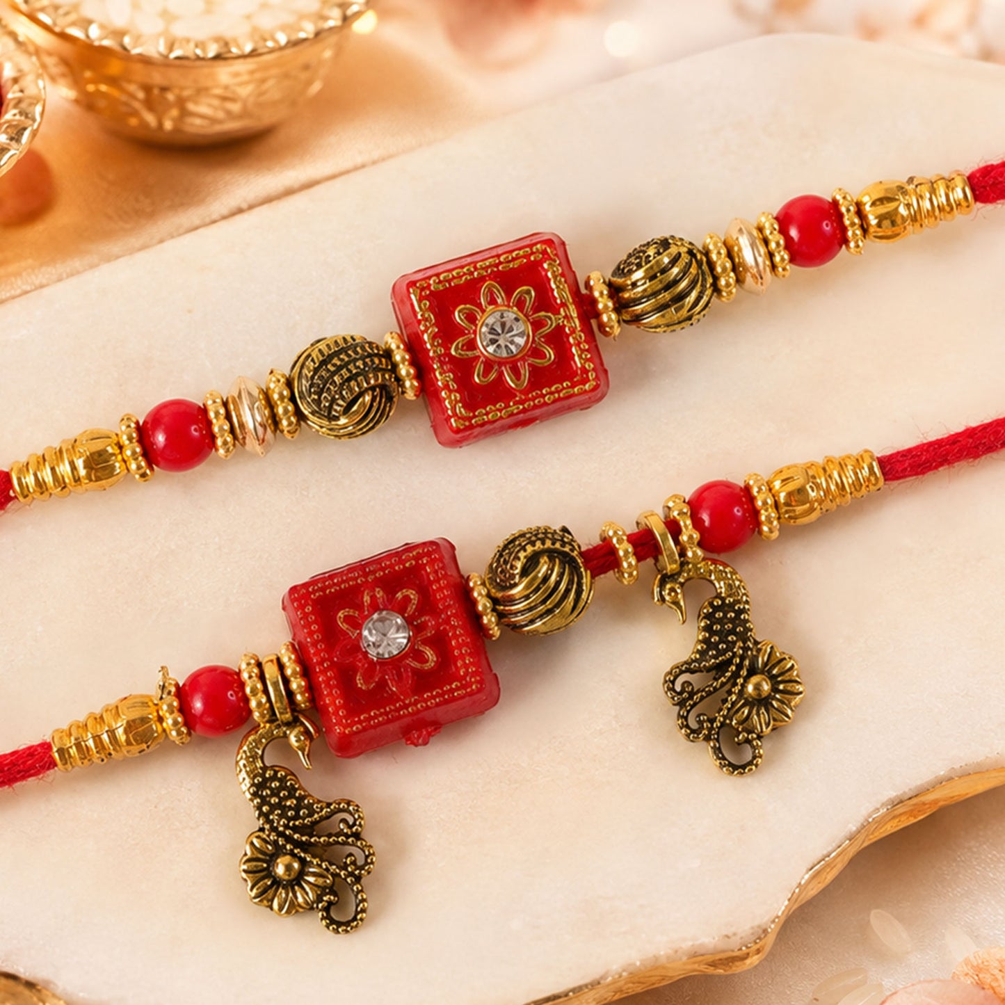Classic Geometric Square Bhai Bhabhi Rakhi with Square Bead and Leaf Charm for Gift