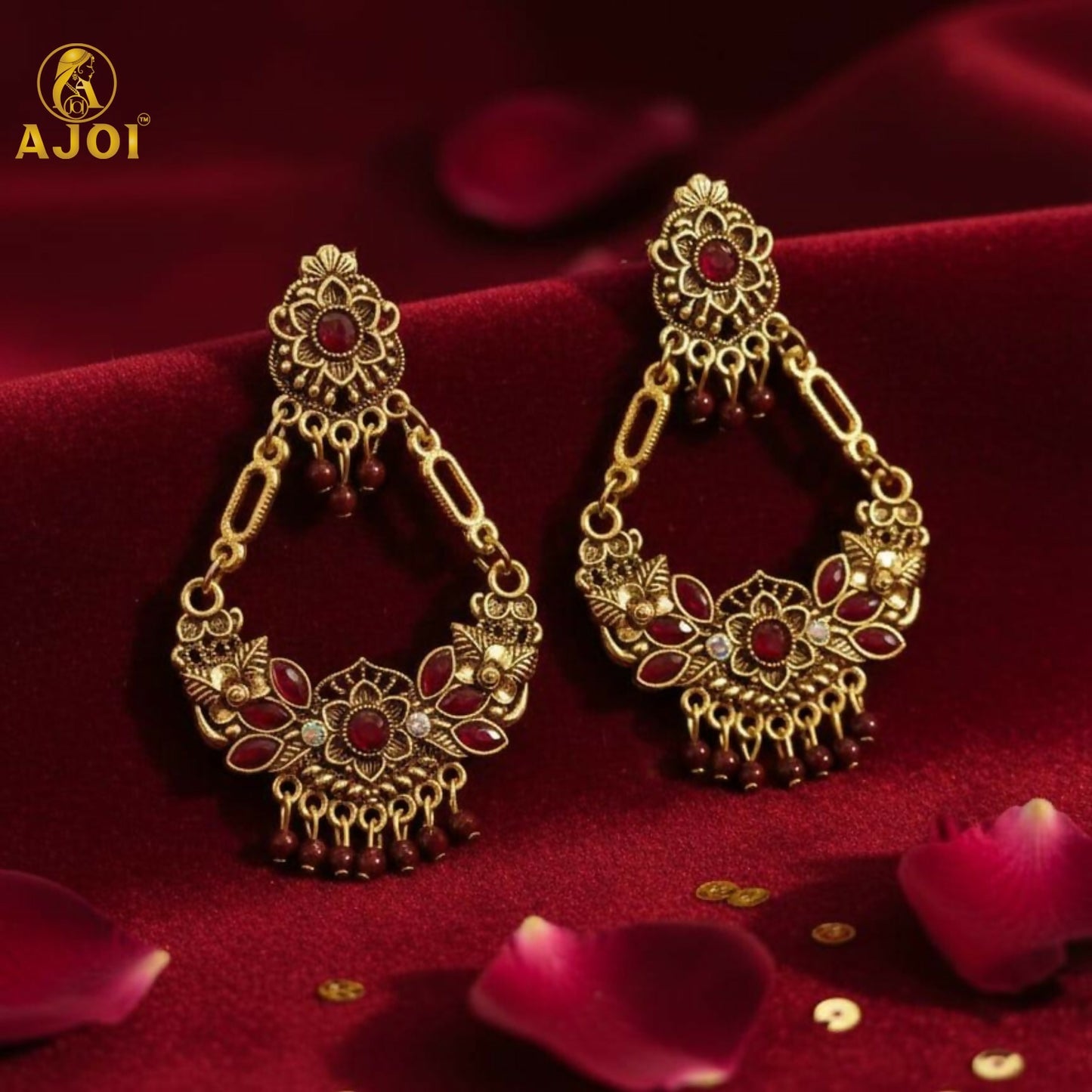 Vintage maroon floral chandbali earrings front view