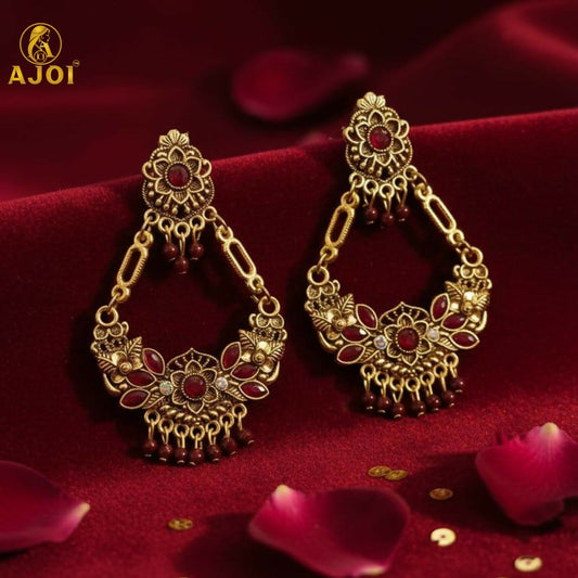 Vintage Maroon Floral Chandbali Earrings